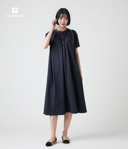 接触冷感】【L】コットンポリエステル天竺 前開きギャザー半袖