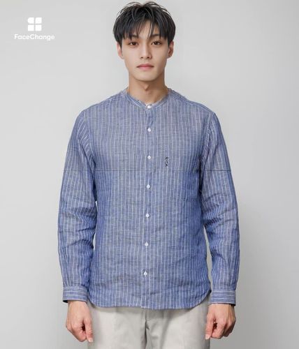 ALBINI リネン パナマストライプ 長袖スタンドカラーシャツ(85762758